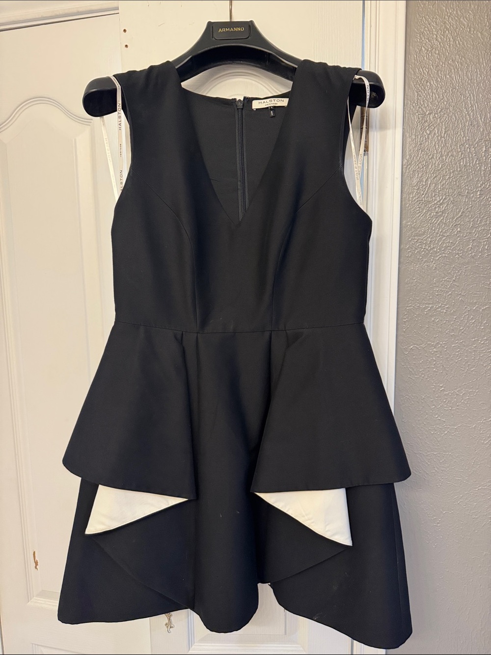 Halston Heritage Black Peplum Mini Dress with White Underlay
